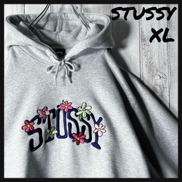 手数料安い STUSSY 灰 パーカー スウェット フローラルロゴ 刺繍 XL