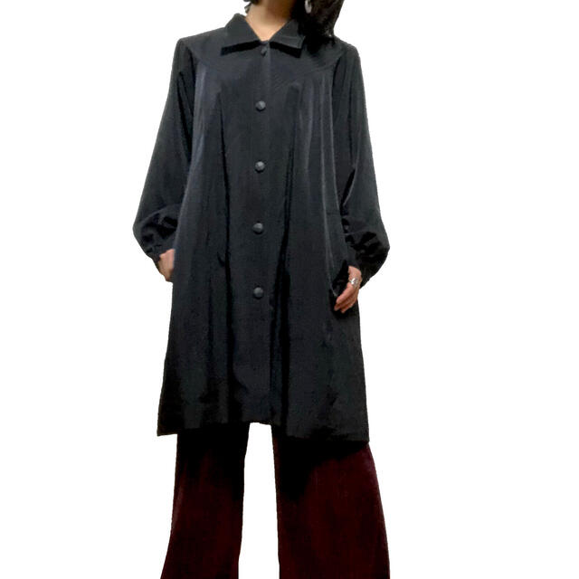 【古着】ヴィンテージ 裏起毛 モード デザインコート ブラック ボーダー レディースのジャケット/アウター(スプリングコート)の商品写真