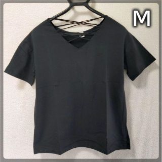 新品 M ブラック 半袖 シャツ カットソー 襟紐　無地 レディース(Tシャツ(半袖/袖なし))