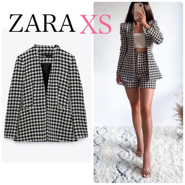 ZARA ハウンドトゥース チェックブレザー ツイードジャケット XS-
