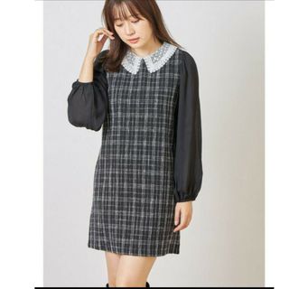 トッコ(tocco)の【美品】tocco closet レース襟付きチェックツイード切り替えワンピース(ミニワンピース)