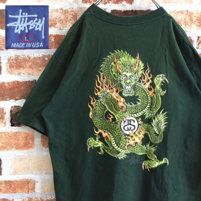 《ステューシー》90s　USA製　ドラゴン　グリーン　ワンポイントロゴ　Tシャツ | フリマアプリ ラクマ