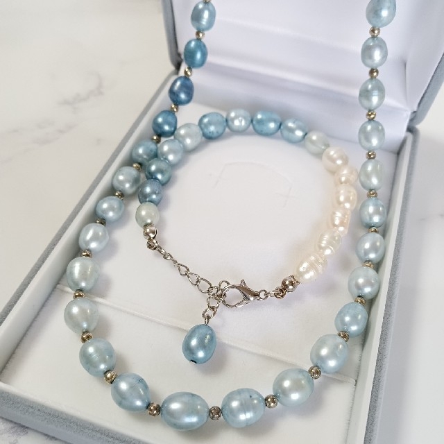 155 天然パール藍染めネックレス・ブレスレット　天然本真珠(淡水) ハンドメイドのアクセサリー(ネックレス)の商品写真