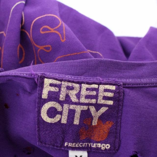 フリーシティ ダメージ加工 Tシャツ カットソー プリント 半袖 M 紫 メンズ