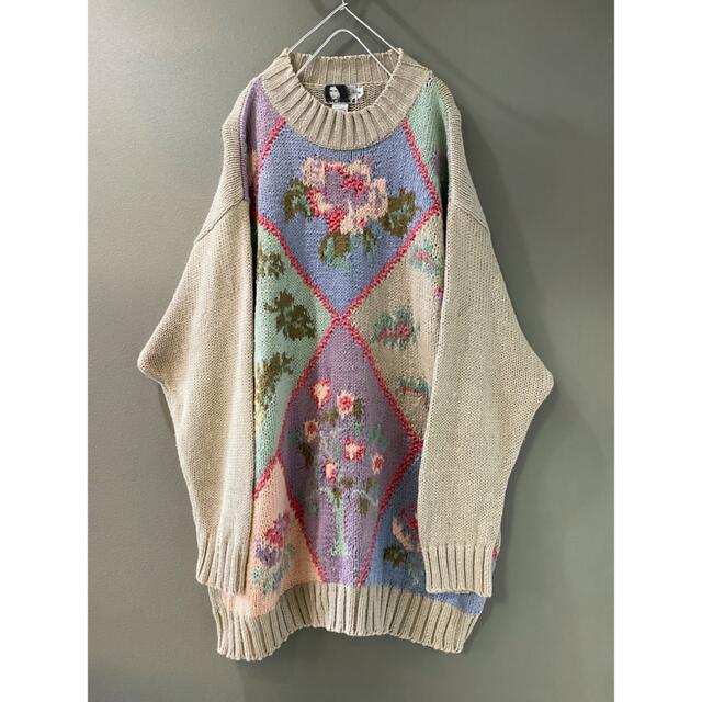 高品質好評 古着 刺繍 ニット セーター ダイヤ 柄 ビンテージ 80s 花柄