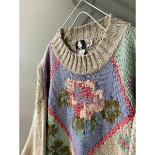古着 ビンテージ 80s 花柄 刺繍 ニット セーター ダイヤ 柄-