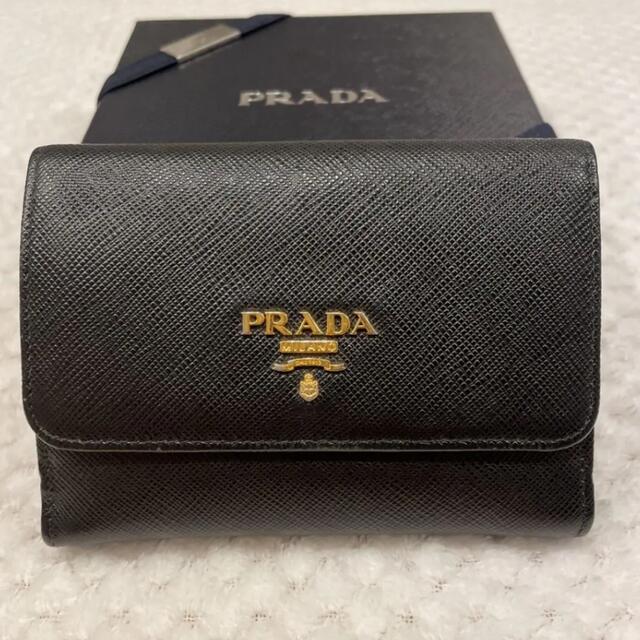 逸品】 PRADA サフィアーノレザー 二つ折り財布 バイカラー ブラック