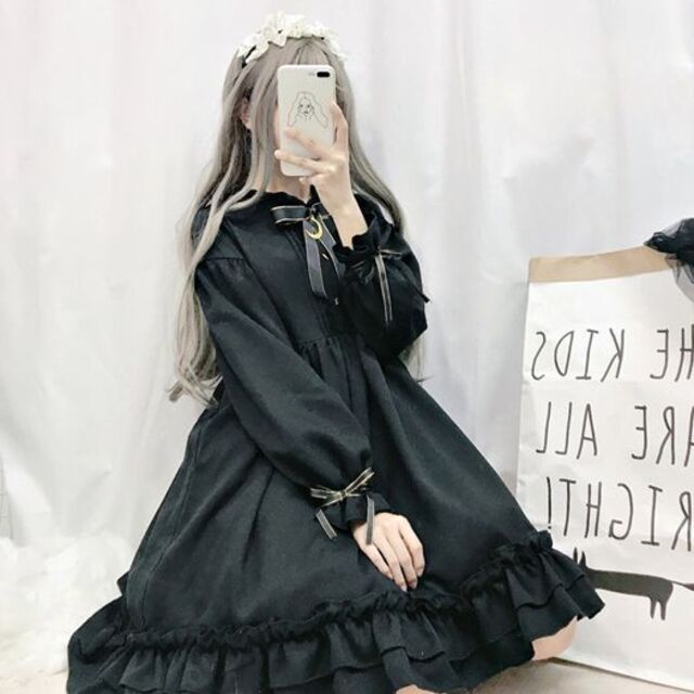 ワンピース レディース ゴスロリ 黒 ロリータ ゆめかわいい コスプレ 長袖 量 レディースのワンピース(ひざ丈ワンピース)の商品写真