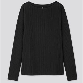 ユニクロ(UNIQLO)のユニクロ　リブボートネックT 黒　XL 新品タグ付(カットソー(長袖/七分))