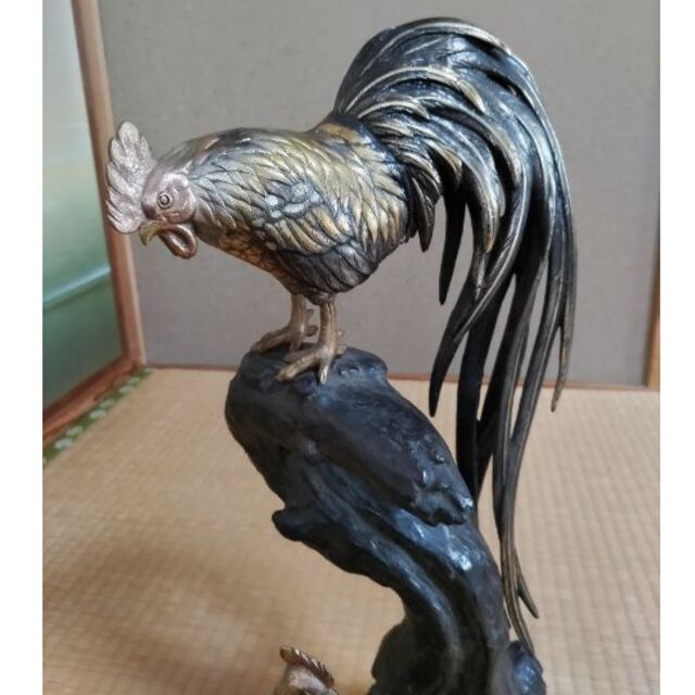 鋳銅製 尾長鶏の置物（美術工芸品） 2