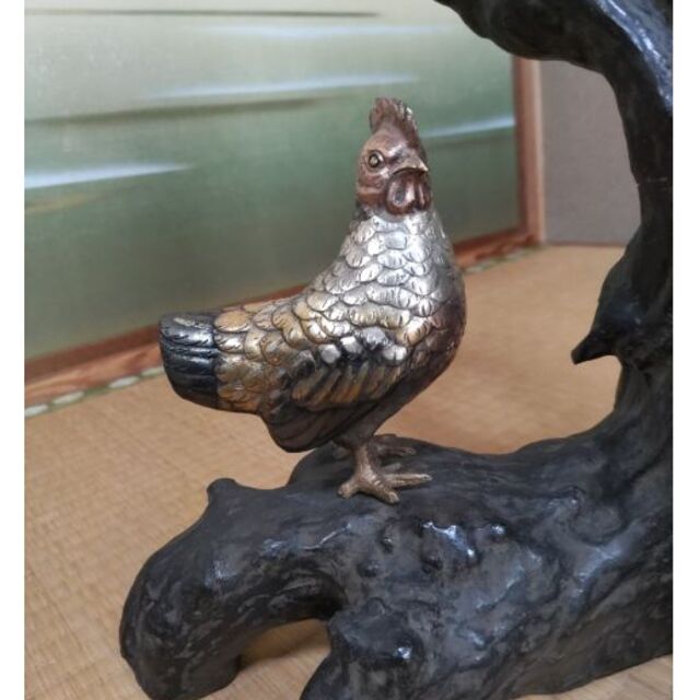 鋳銅製 尾長鶏の置物（美術工芸品）