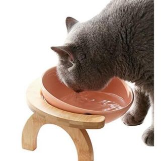 猫 食器 スタンド 天然 木製 ペット 食器台 陶器(猫)