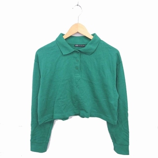 ザラ(ZARA)のザラ ZARA ポロシャツ シャツ ショート丈 ステンカラー 長袖 M 緑(ポロシャツ)