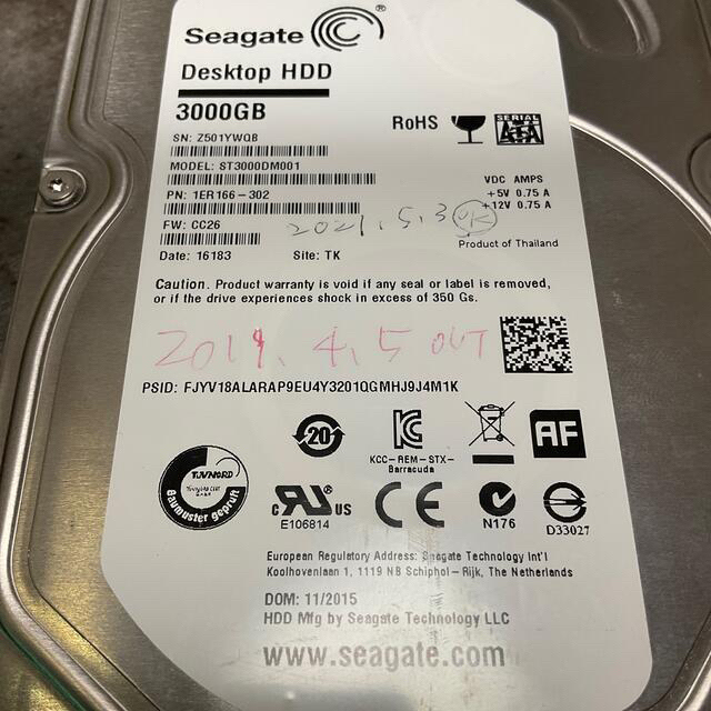 注意SEAGATE ST3000DM001 Desktop HDD 3TB スマホ/家電/カメラのPC/タブレット(PCパーツ)の商品写真