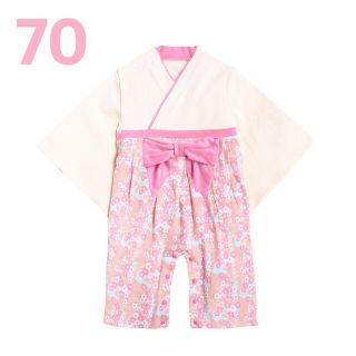 袴ロンパース ホワイト×ピンク 小花柄 70(和服/着物)