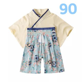 袴ロンパース アイボリー×スカイブルー花車輪柄 90(和服/着物)