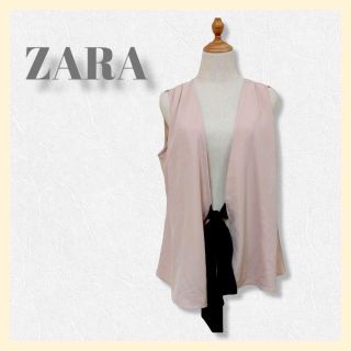 ザラ(ZARA)の♡ZARA BASIC ザラベーシック ジレ 薄いピンク L 黒リボン ベスト(ベスト/ジレ)