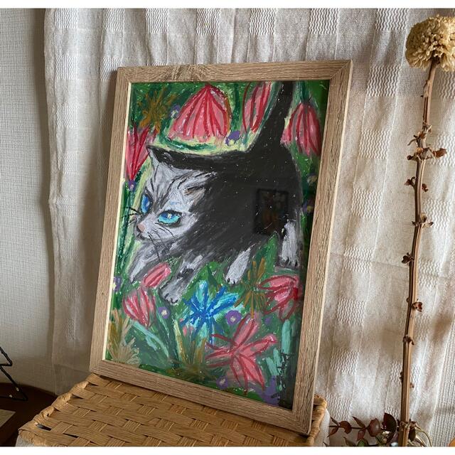 セール! 絵画。壁掛け絵原画手描き【猫ちゃんは美しい花で愛情の