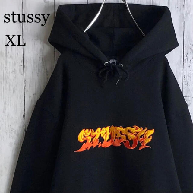 stussyステューシー○商品【美品】ステューシー 刺繍ロゴ ファイヤーロゴ パーカー XL 黒