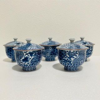 ⭐️ 有田焼 龍峰窯 染付 蓋付き湯呑み 5客 未使用品 ⭐️(食器)