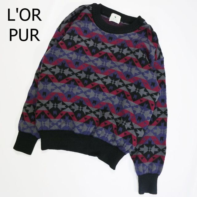 古着 柄ニット セーター ユニセックス 刺繍 Lサイズ パープル 紫 個性 