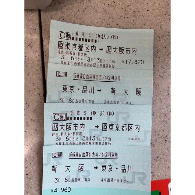 東京=新大阪 新幹線自由席回数券 往復分 6/5迄有効