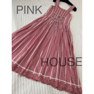 ピンクハウス(PINK HOUSE)のピンクハウス　ギンガム　チェック　赤　ワンピース  ピコフリル　レース(ロングワンピース/マキシワンピース)