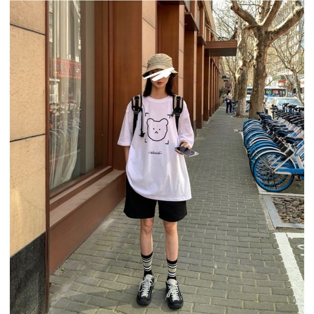 オーバーサイズ Tシャツ 半袖 韓国風 可愛いキャラ 白