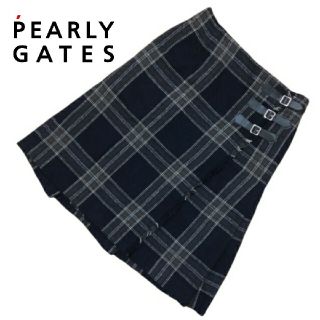 パーリーゲイツ(PEARLY GATES)の美品　パーリーゲイツ　ひざ丈スカート　チェック　ウール　ゴルフウェア　レディース(ひざ丈スカート)