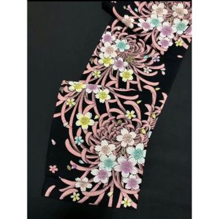 お仕立て付き❣️【正絹西陣織袋帯⭐️桜】ブラック×ピンク 黒の通販