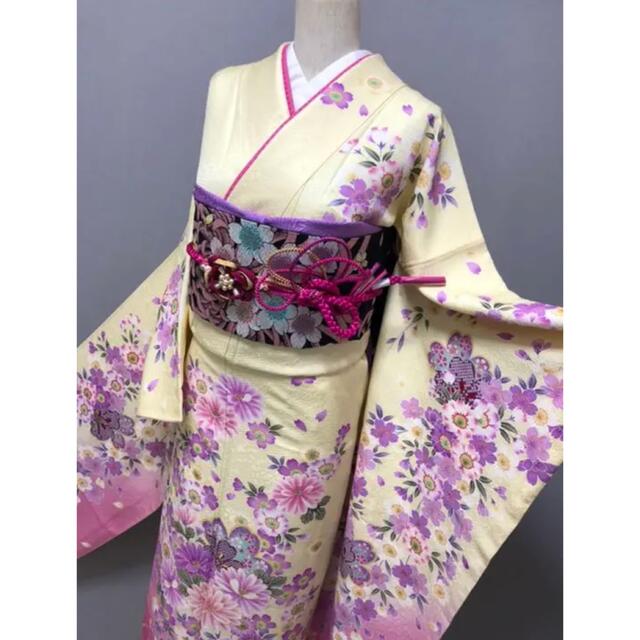 特選金駒刺繍振袖優彩花文様⭐️桜にコスモスクリームイエロー×コスモス 黄色