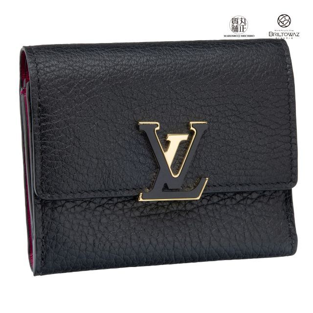 ルイヴィトン ポルトフォイユ・カプシーヌ XS M68587 ノワール コンパクト 財布 トリヨンレザー 黒 ピンク レディース LOUISVUITTON LV ミニ ロゴプレート USED【ブリルトワーゼ】【丸正質舗】【質屋】(M209363)