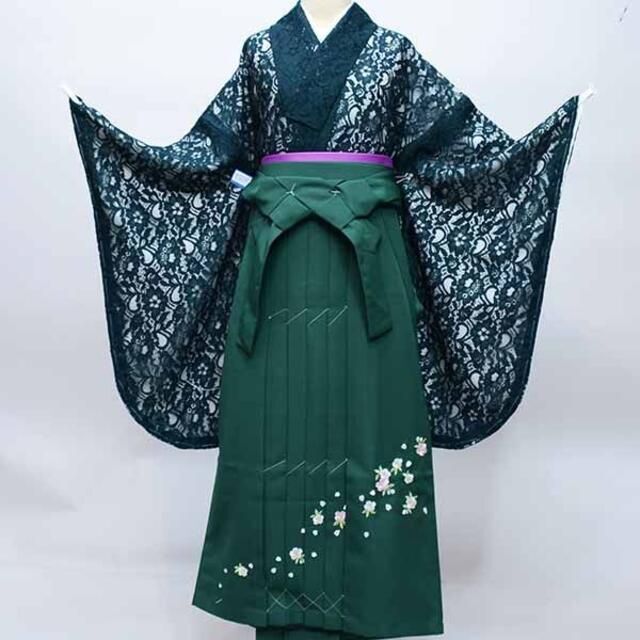 二尺袖 レース 着物 袴フルセット ショート丈 深緑 袴変更可能 二尺袖 レース 着物 袴フルセット ショート丈 深緑 袴変更可能