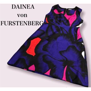 ダイアンフォンファステンバーグ(DIANE von FURSTENBERG)の美品✨ ダイアンフォンファステンバーグ 総柄 ワンピース アート デザイン 青(ひざ丈ワンピース)