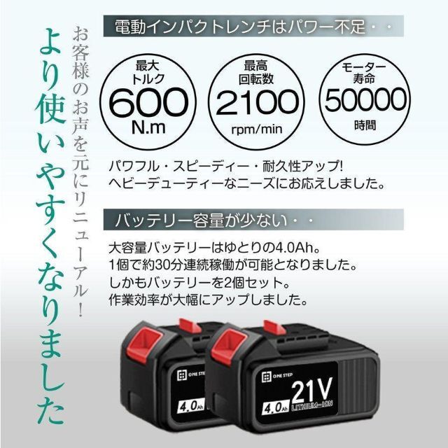 最安値高品質】 電動インパクトレンチ 600N.m 21V バッテリー 2個付き