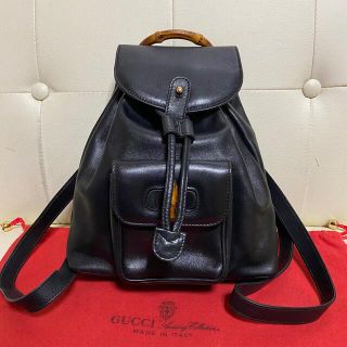 グッチ(Gucci)の美品　GUCCI オールド　グッチ バンブー　巾着　リュック　ハンドバッグ　黒(リュック/バックパック)