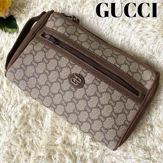 グッチ(Gucci)の【ヴィンテージ】グッチ クラッチバッグ PVC GGプラス ブラウン ロゴ金具(クラッチバッグ)