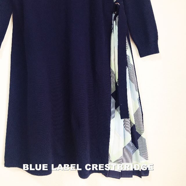 【BLUE LABEL】チェック スカーフ切替 ロングリボン ニットワンピース