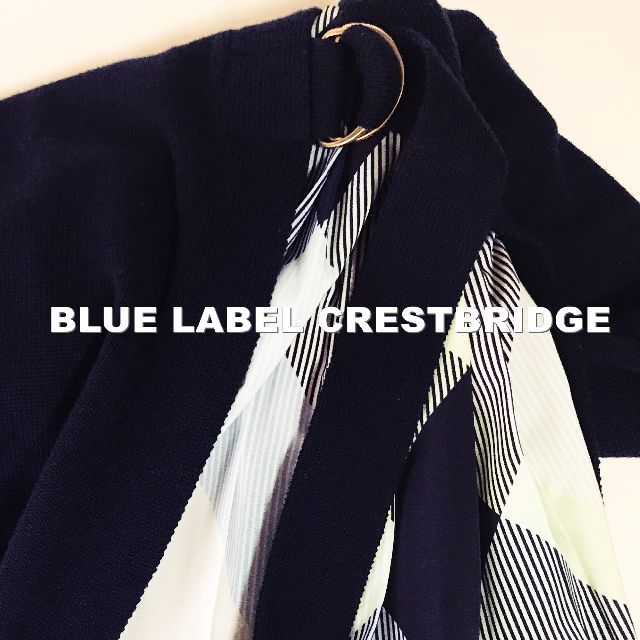 【BLUE LABEL】チェック スカーフ切替 ロングリボン ニットワンピース