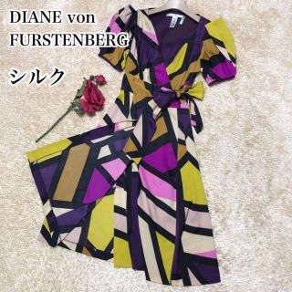 ダイアンフォンファステンバーグ(DIANE von FURSTENBERG)のシルク♡DVF カシュクール ラップワンピース ボリューム袖 幾何学模様(ひざ丈ワンピース)