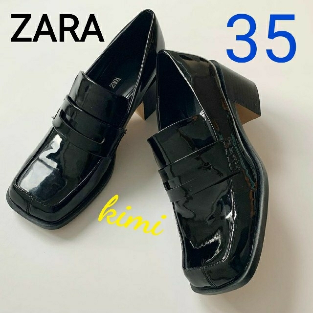 ZARA 【箱配送】(35　黒)　 ヒールローファー　パテント　スクエアトゥ