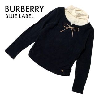 バーバリーブルーレーベル(BURBERRY BLUE LABEL)のバーバリーブルーレーベル タートルネック ニット ブランドロゴ刺繍 黒 白 古着(ニット)