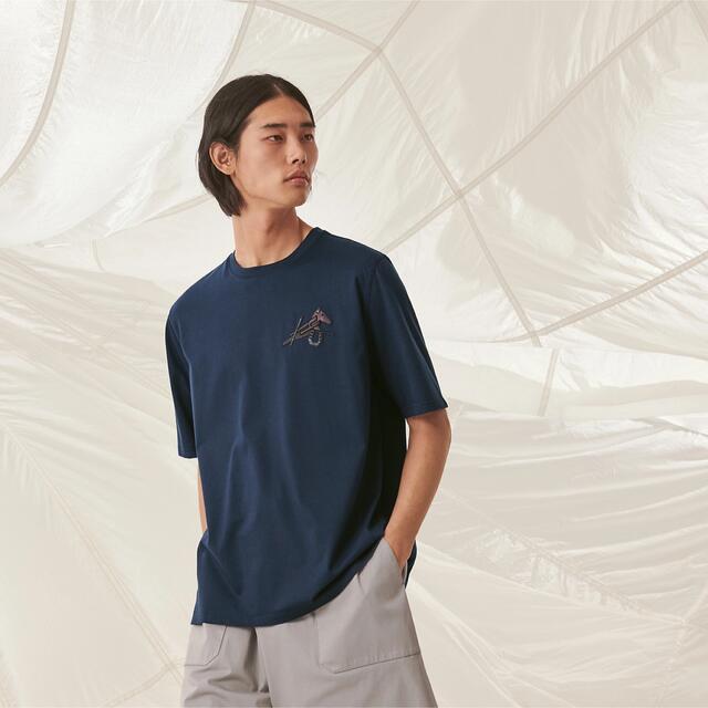 エルメス HERMES メンズTシャツ 半袖 ミニレザーパッチ ネイビー