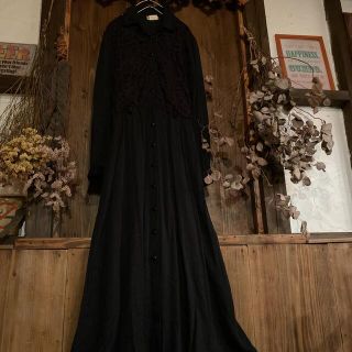 ＊vintage・blackレースrétroシャツロングワンピース(ロングワンピース/マキシワンピース)