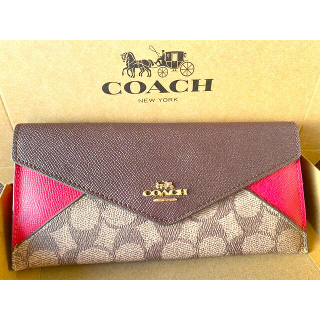 COACH(コーチ)のCOACH 長財布 カラーブロック コーテッド キャンバス ピンク ブラウン メンズのファッション小物(長財布)の商品写真