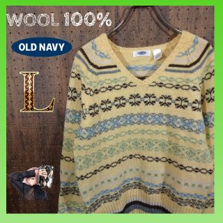 オールドネイビー(Old Navy)のOLD NAVY セーター ラグラン ニット 総柄 ウール L  イエロー(ニット/セーター)