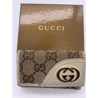 グッチ(Gucci)の中古グッチGGメタリックロゴキーケースGGキャンバベージュホワイトレザー(キーケース)