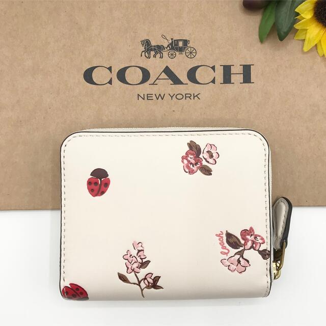 COACH コーチ　ラウンドファスナー　折り財布　ホワイト　レッド　てんとう虫柄