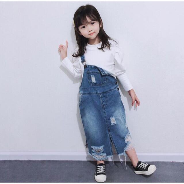 〚 新品 〛即納◎ダメージデニムロングスカートサロペット キッズ/ベビー/マタニティのキッズ服女の子用(90cm~)(ワンピース)の商品写真