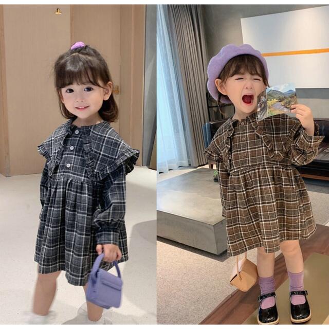 襟元が可愛い＊お洒落チェック柄ワンピース♪ キッズ/ベビー/マタニティのキッズ服女の子用(90cm~)(ワンピース)の商品写真